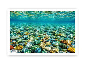 Clear underwater stone photography canvas art for calming coastal living room decor.