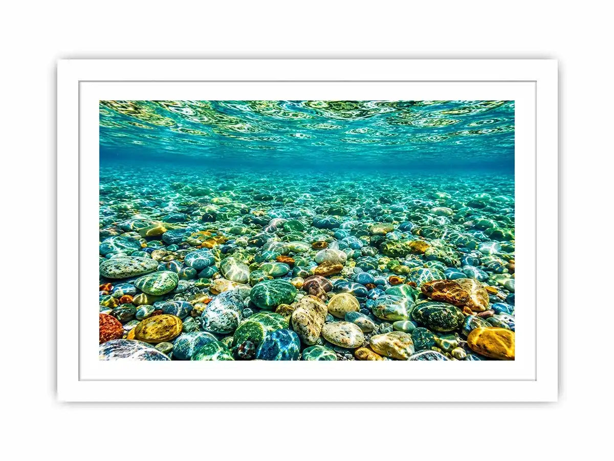Clear underwater stone photography canvas art for calming coastal living room decor.