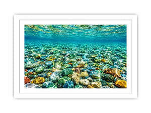 Clear underwater stone photography canvas art for calming coastal living room decor.