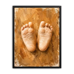 Neutral baby footprints canvas art for warm nursery and family room decor.