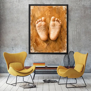 Neutral baby footprints canvas art for warm nursery and family room decor.