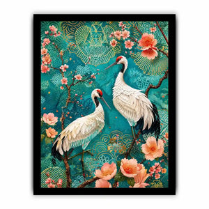 Elegant crane and cherry blossom canvas art for Japandi living room decor.