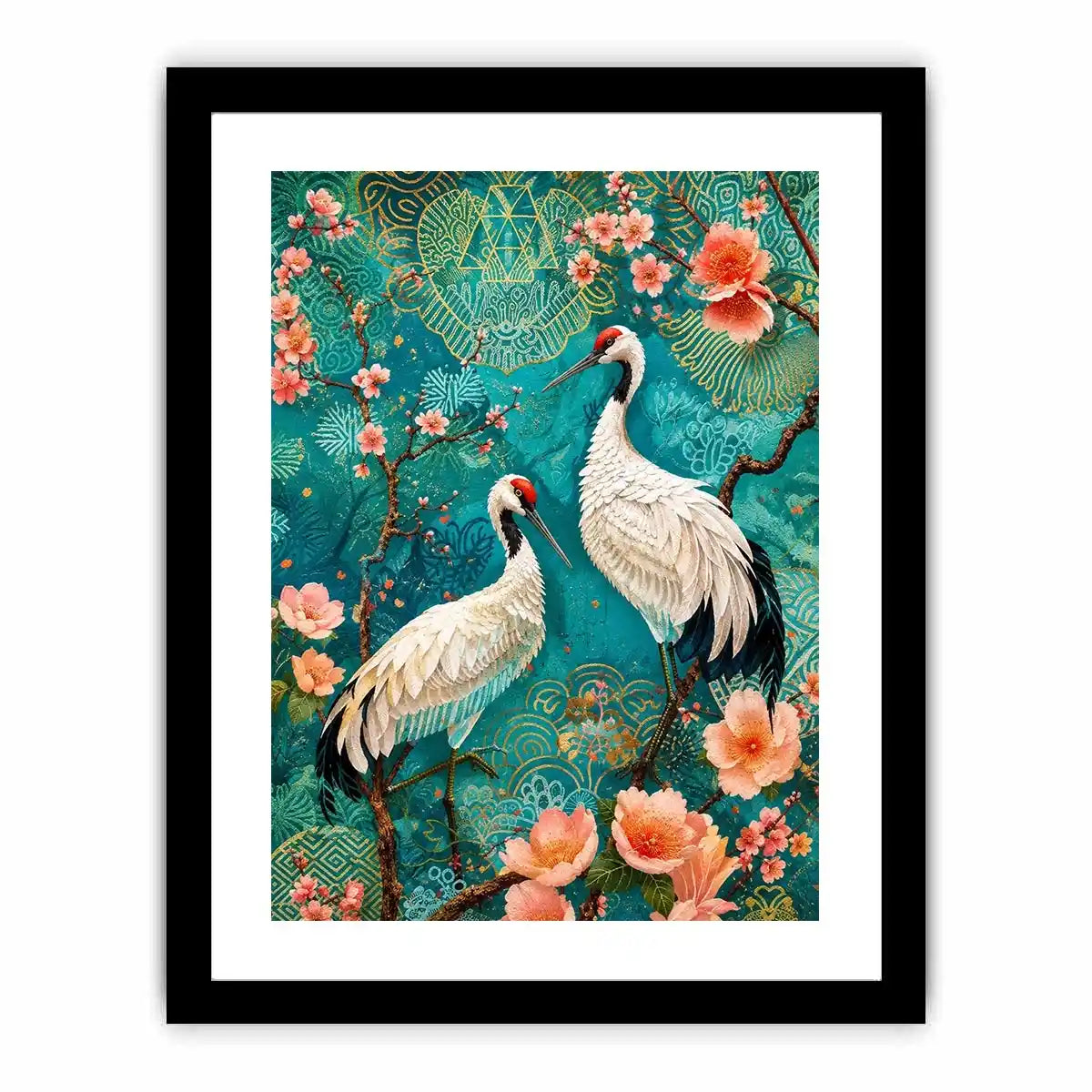 Elegant crane and cherry blossom canvas art for Japandi living room decor.