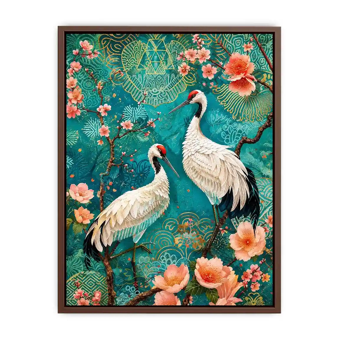 Elegant crane and cherry blossom canvas art for Japandi living room decor.