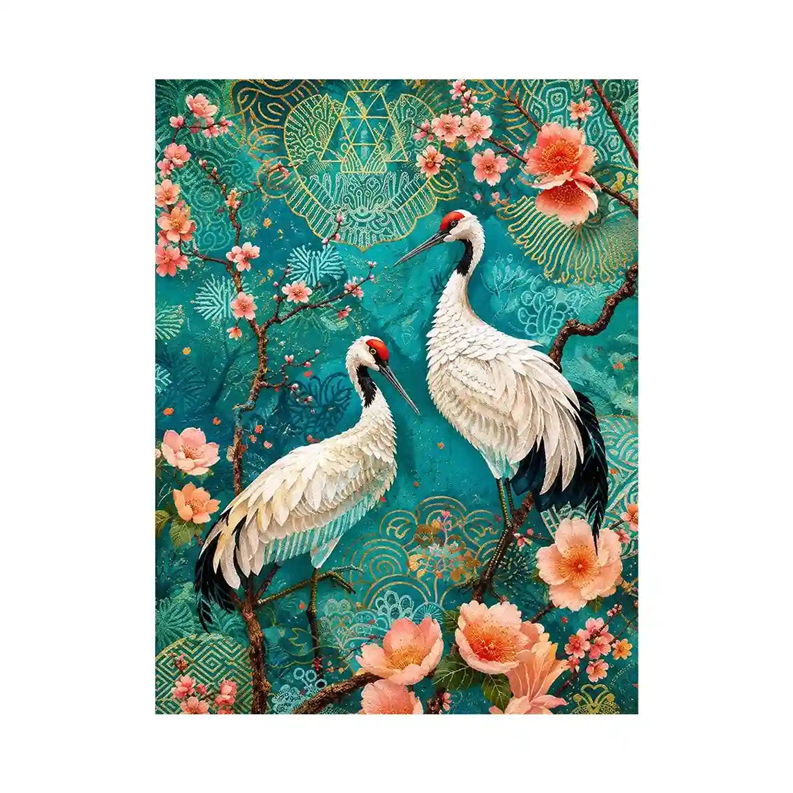 Elegant crane and cherry blossom canvas art for Japandi living room decor.
