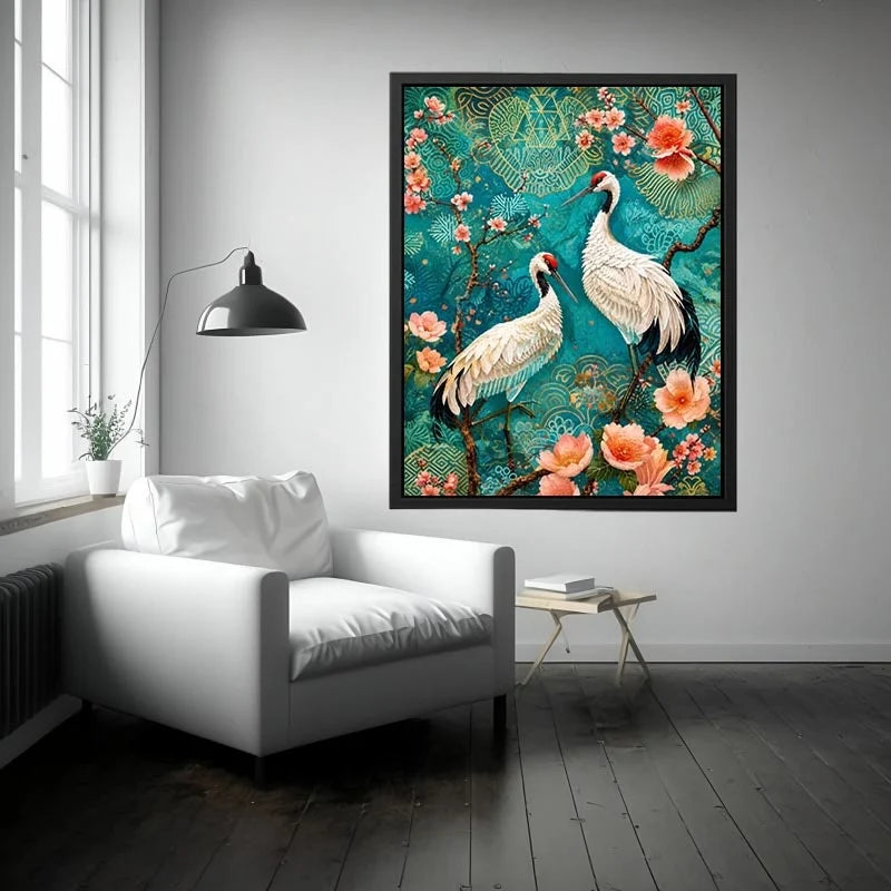 Elegant crane and cherry blossom canvas art for Japandi living room decor.