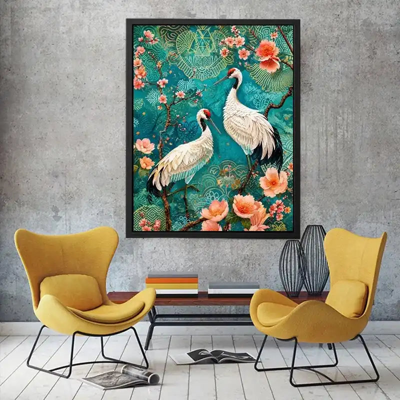 Elegant crane and cherry blossom canvas art for Japandi living room decor.