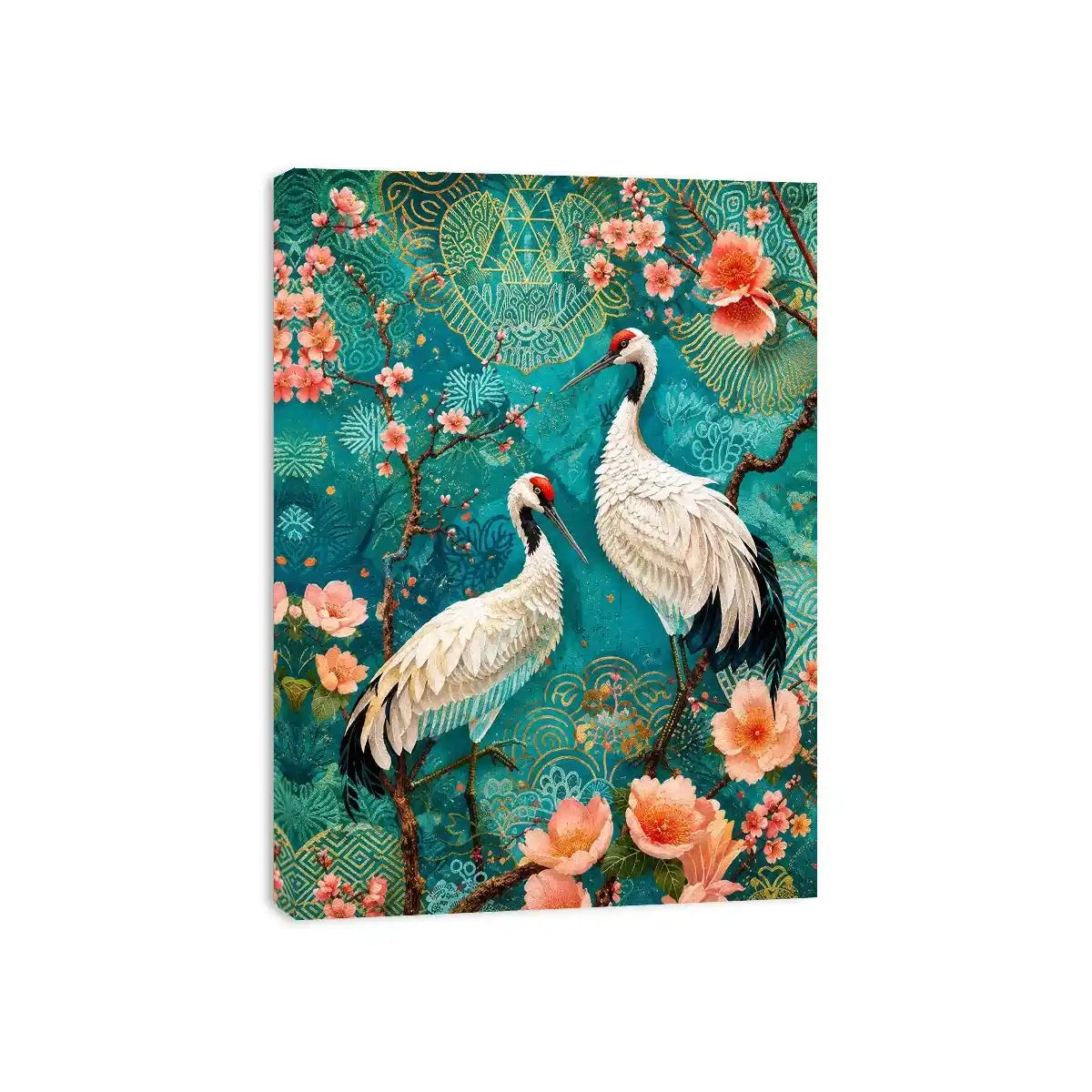 Elegant crane and cherry blossom canvas art for Japandi living room decor.