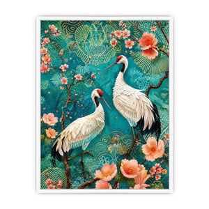 Elegant crane and cherry blossom canvas art for Japandi living room decor.