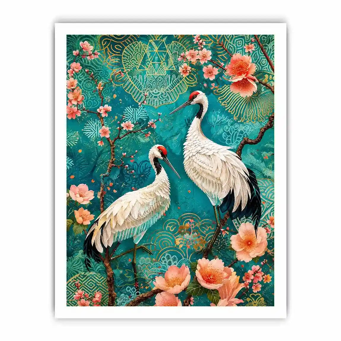 Elegant crane and cherry blossom canvas art for Japandi living room decor.