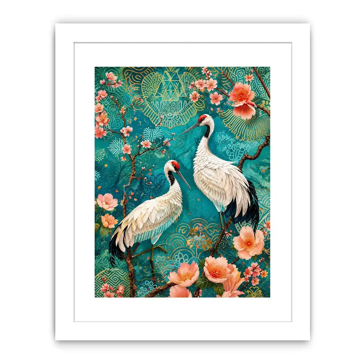Elegant crane and cherry blossom canvas art for Japandi living room decor.