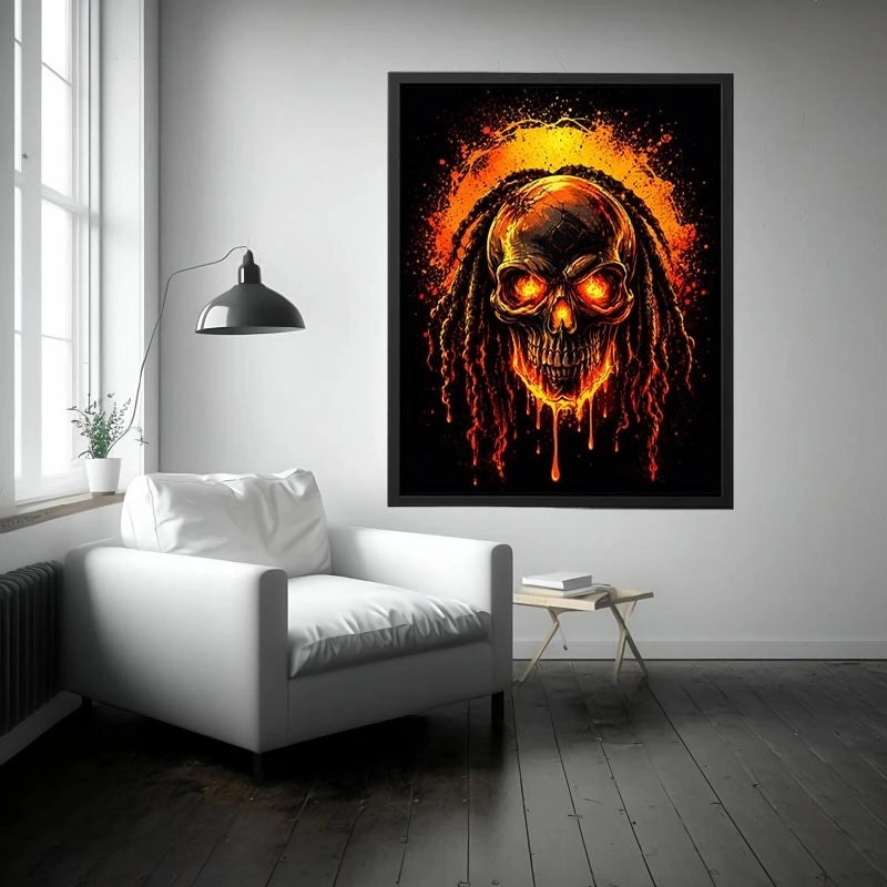 Flaming skull graffiti canvas art for dramatic gaming room or man cave decor.