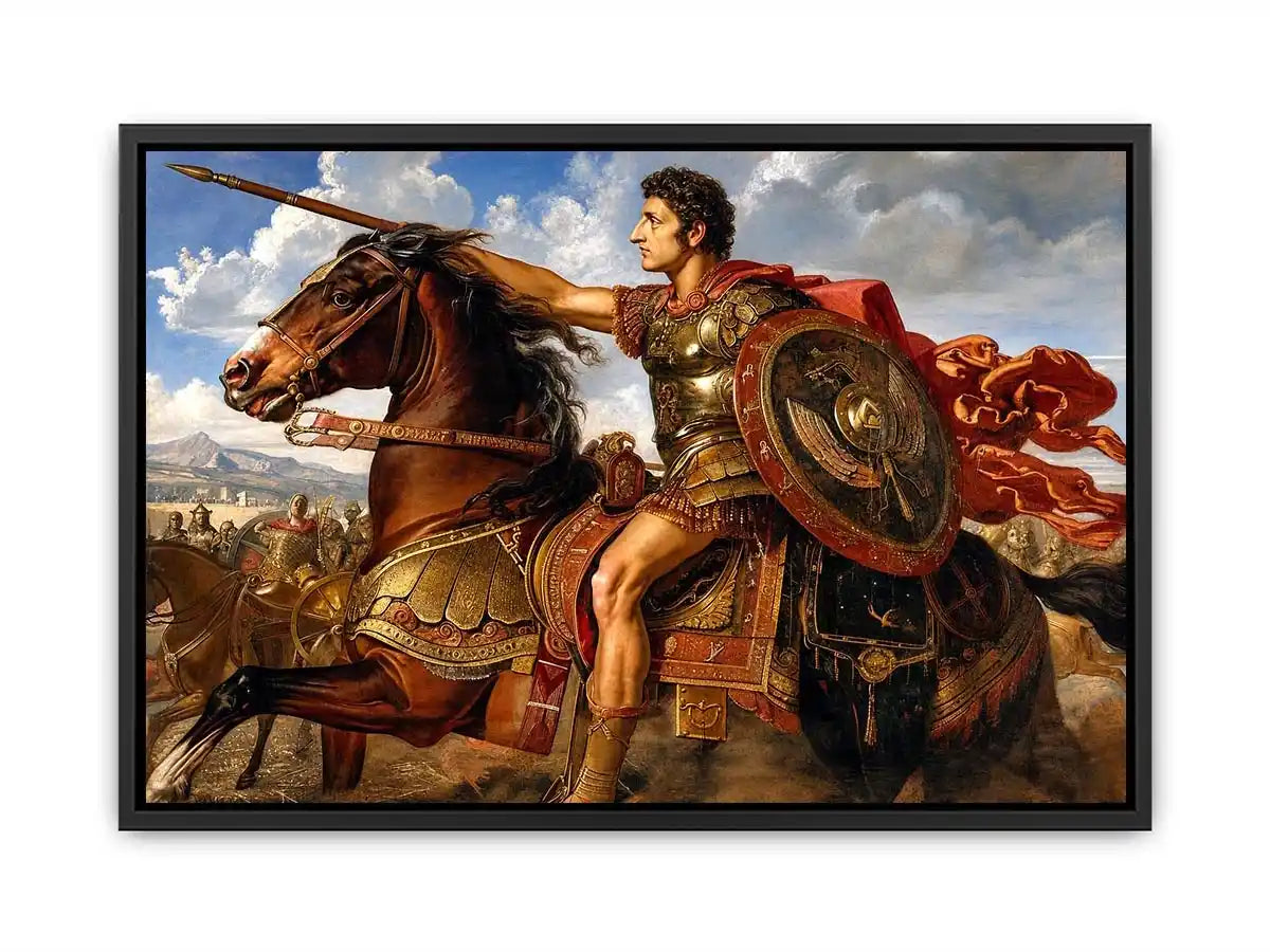Ancient roman warrior on horseback in renaissance inspired historical artwork style for office decor.