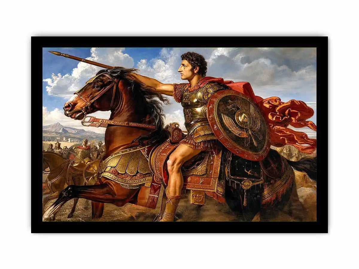 Ancient roman warrior on horseback in renaissance inspired historical artwork style for office decor.