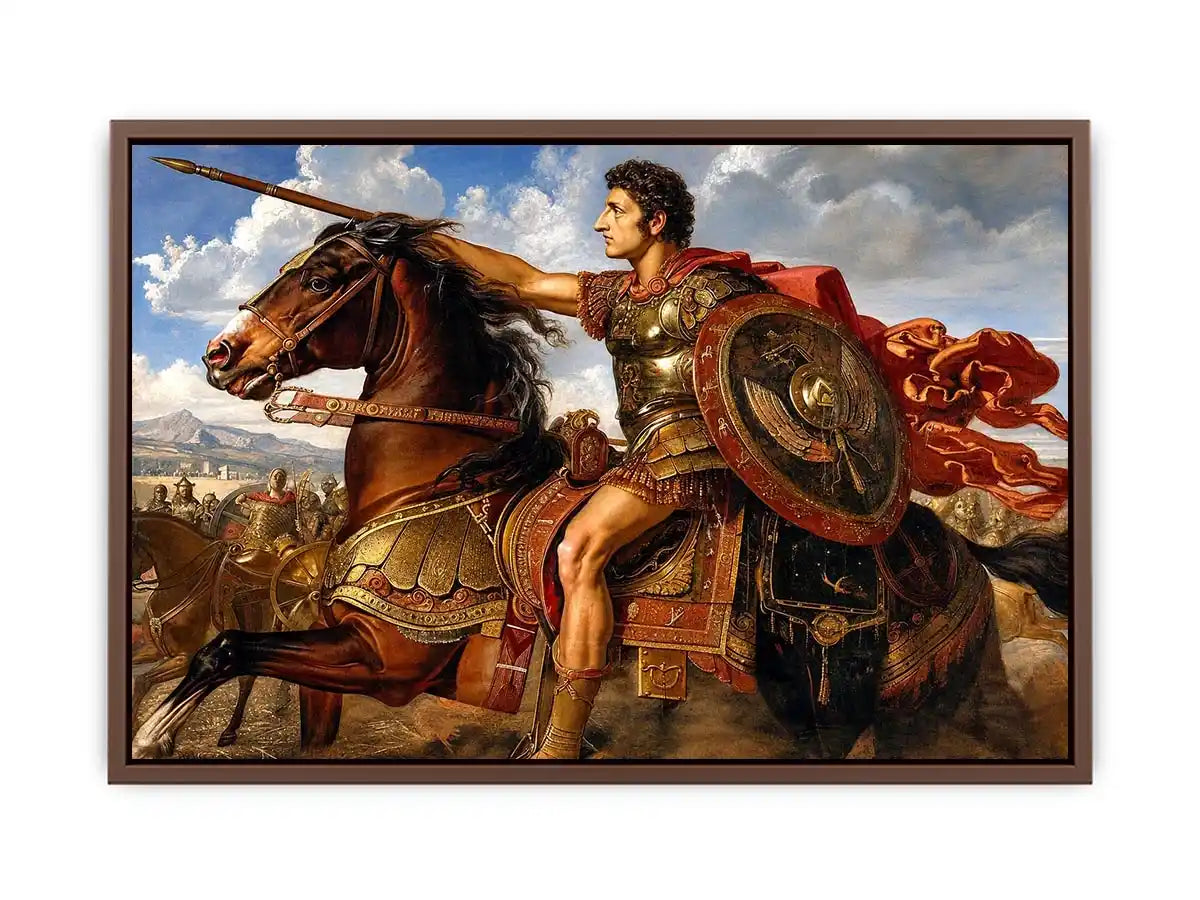 Ancient roman warrior on horseback in renaissance inspired historical artwork style for office decor.