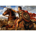 Ancient roman warrior on horseback in renaissance inspired historical artwork style for office decor.