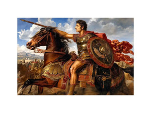Ancient roman warrior on horseback in renaissance inspired historical artwork style for office decor.