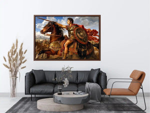 Ancient roman warrior on horseback in renaissance inspired historical artwork style for office decor.