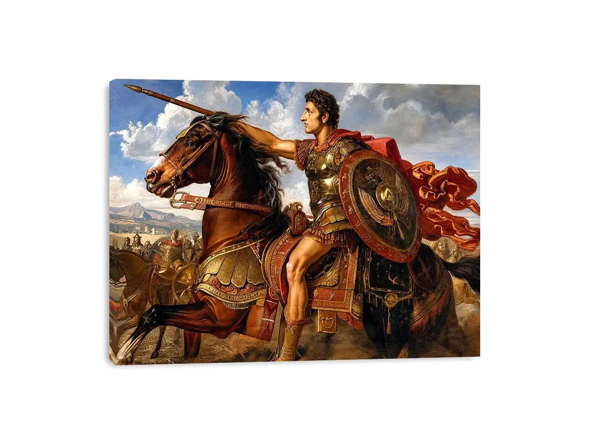 Ancient roman warrior on horseback in renaissance inspired historical artwork style for office decor.