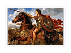 Ancient roman warrior on horseback in renaissance inspired historical artwork style for office decor.