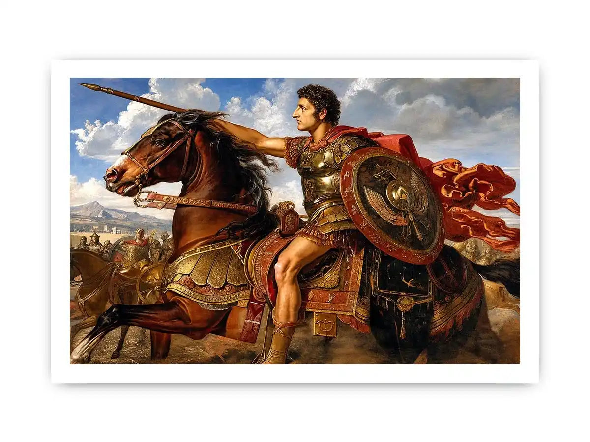 Ancient roman warrior on horseback in renaissance inspired historical artwork style for office decor.