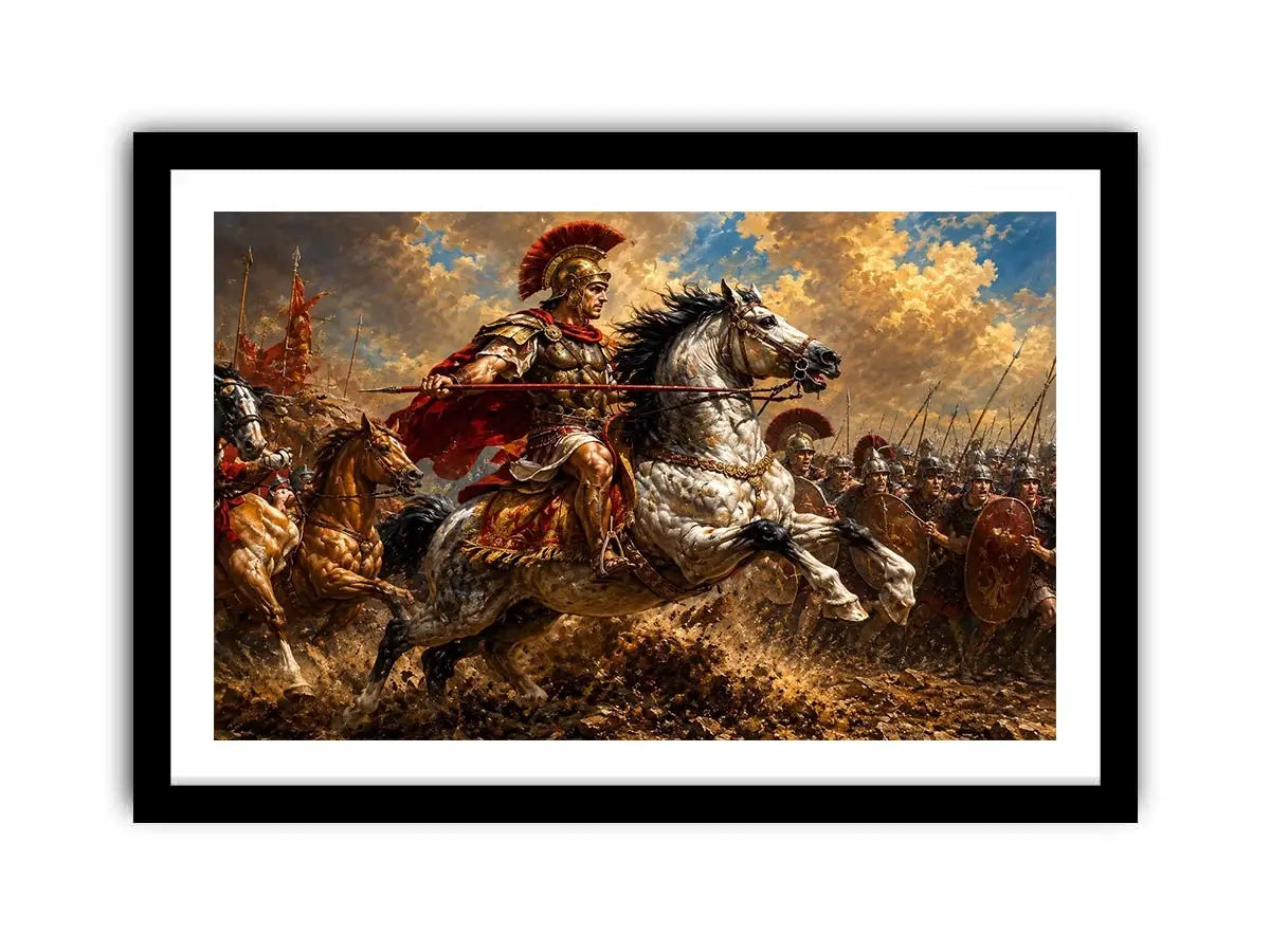 Roman cavalry battle scene in dramatic classical battle painting style for living room decor.
