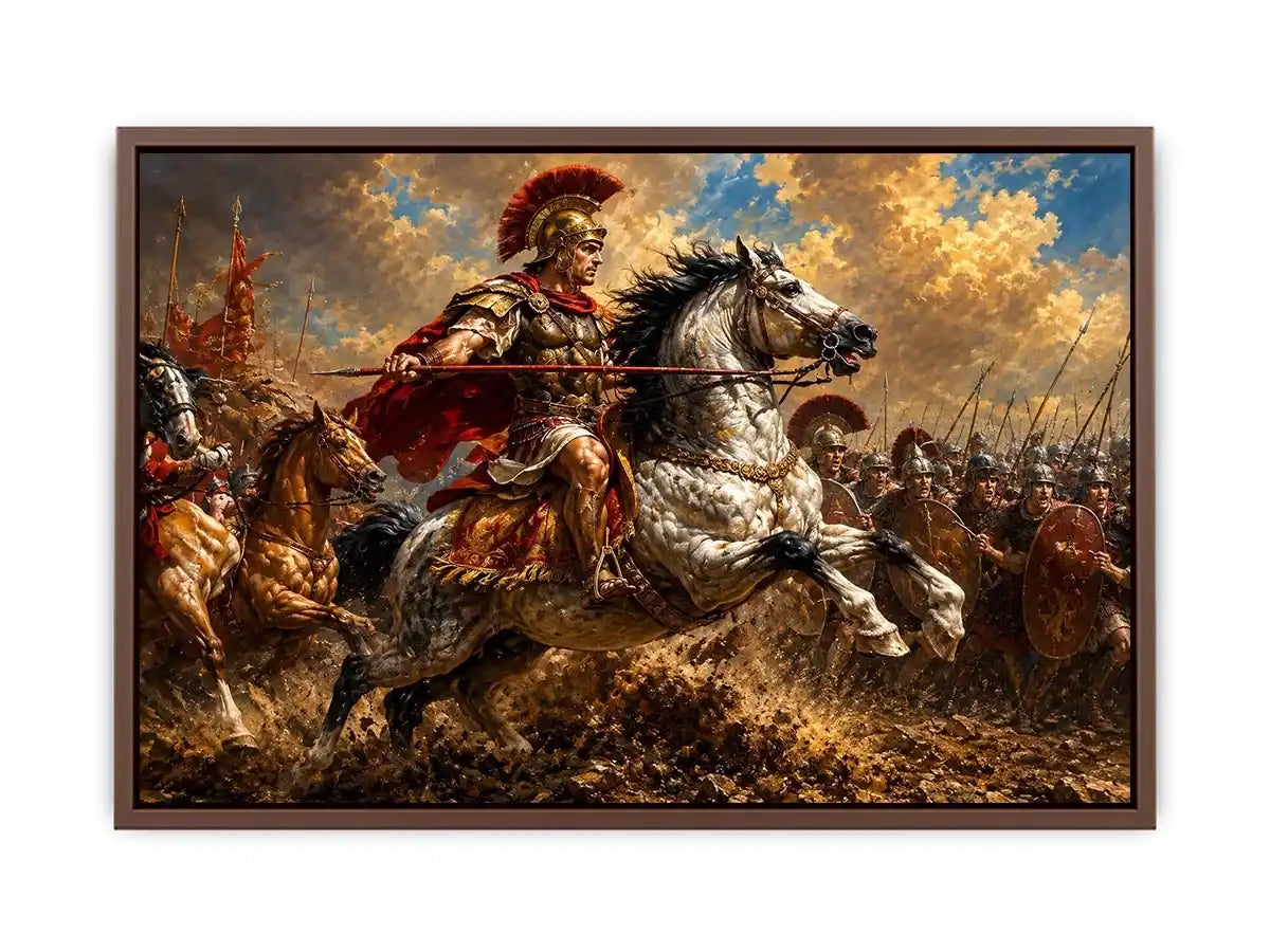 Roman cavalry battle scene in dramatic classical battle painting style for living room decor.