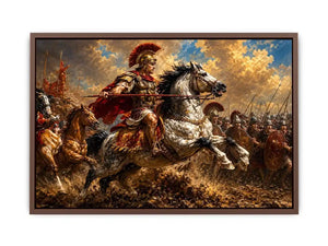 Roman cavalry battle scene in dramatic classical battle painting style for living room decor.