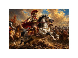 Roman cavalry battle scene in dramatic classical battle painting style for living room decor.