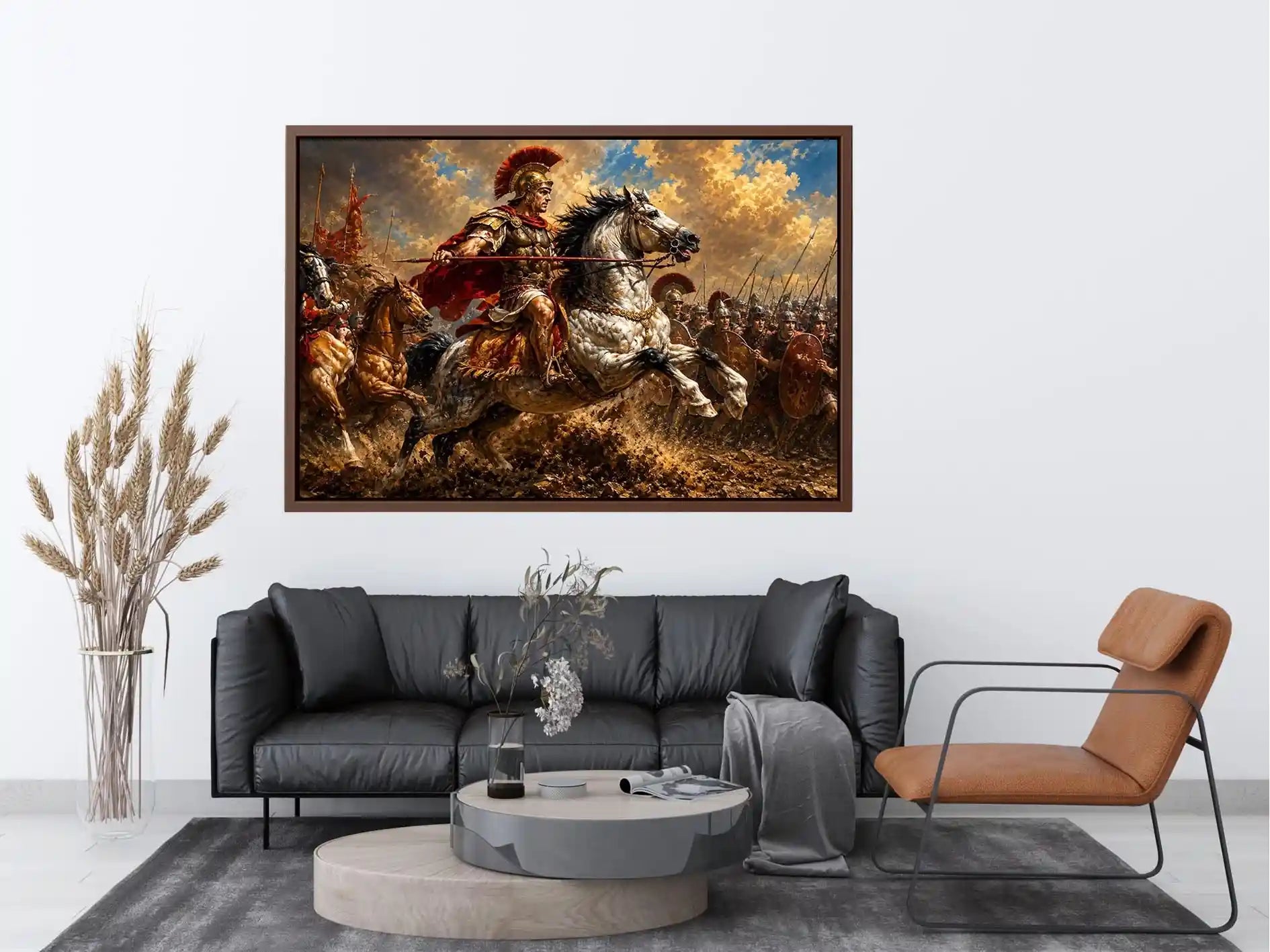 Roman cavalry battle scene in dramatic classical battle painting style for living room decor.