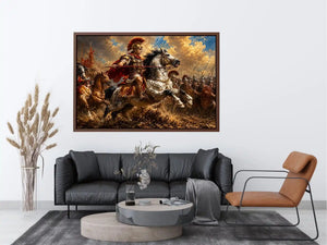 Roman cavalry battle scene in dramatic classical battle painting style for living room decor.