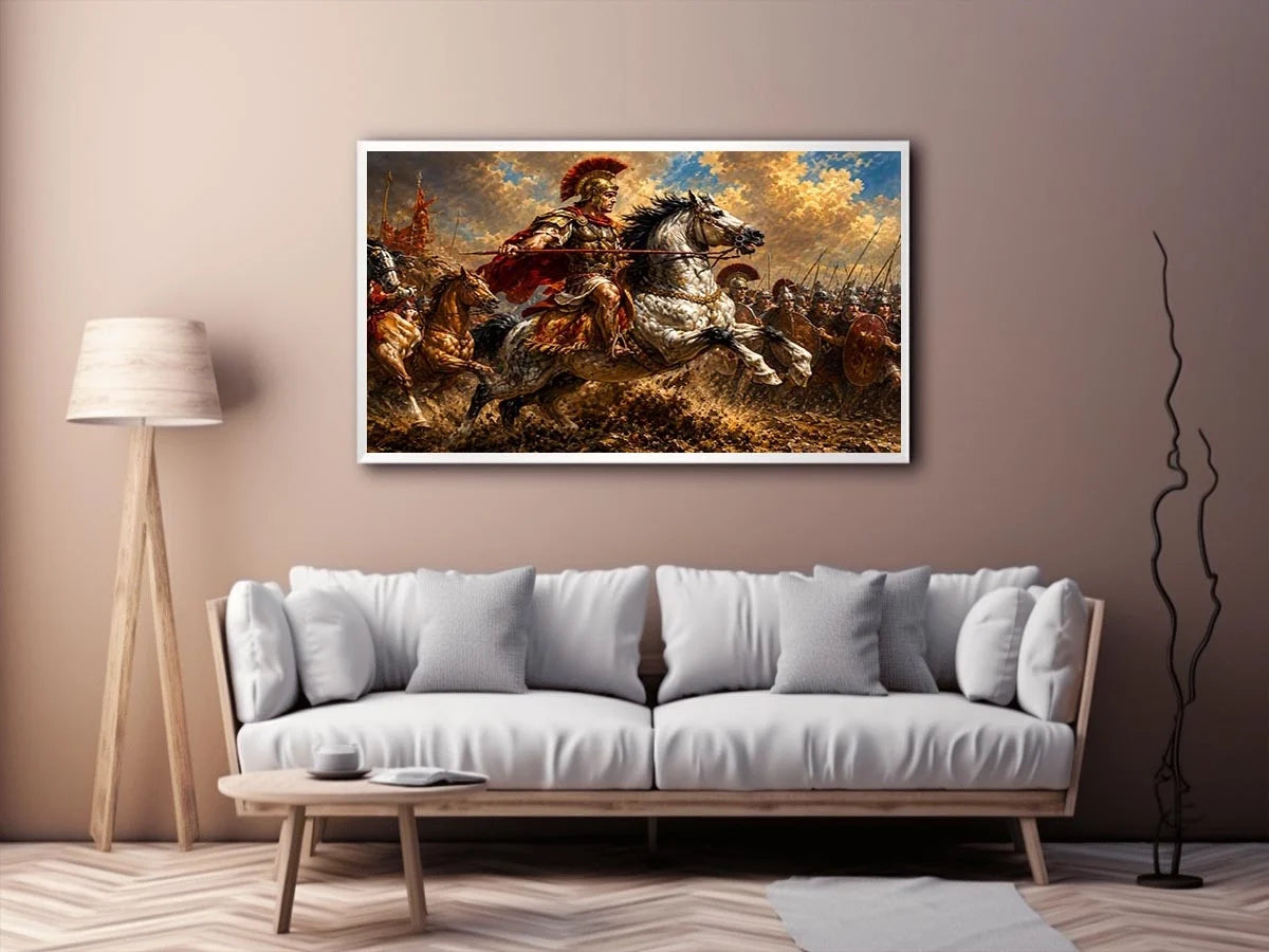 Roman cavalry battle scene in dramatic classical battle painting style for living room decor.