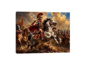 Roman cavalry battle scene in dramatic classical battle painting style for living room decor.