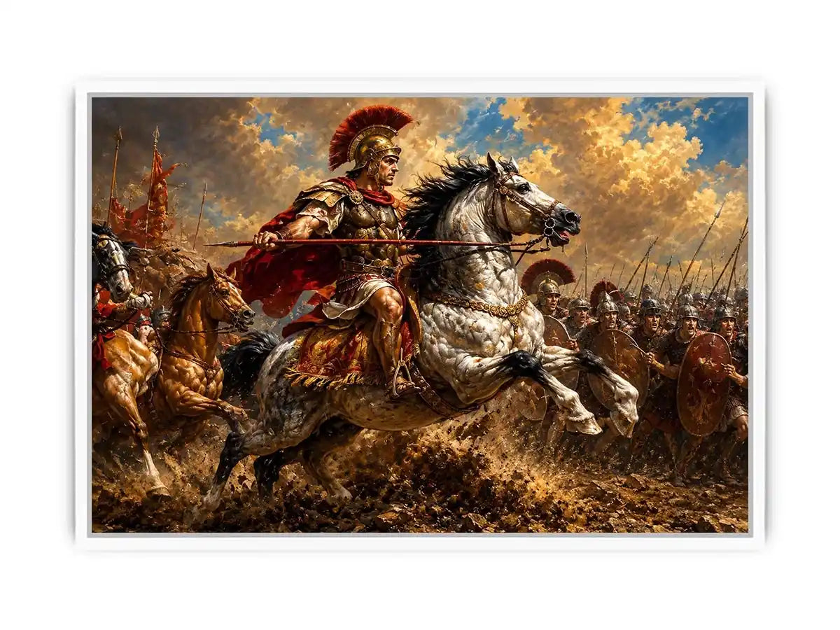 Roman cavalry battle scene in dramatic classical battle painting style for living room decor.
