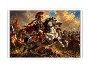 Roman cavalry battle scene in dramatic classical battle painting style for living room decor.
