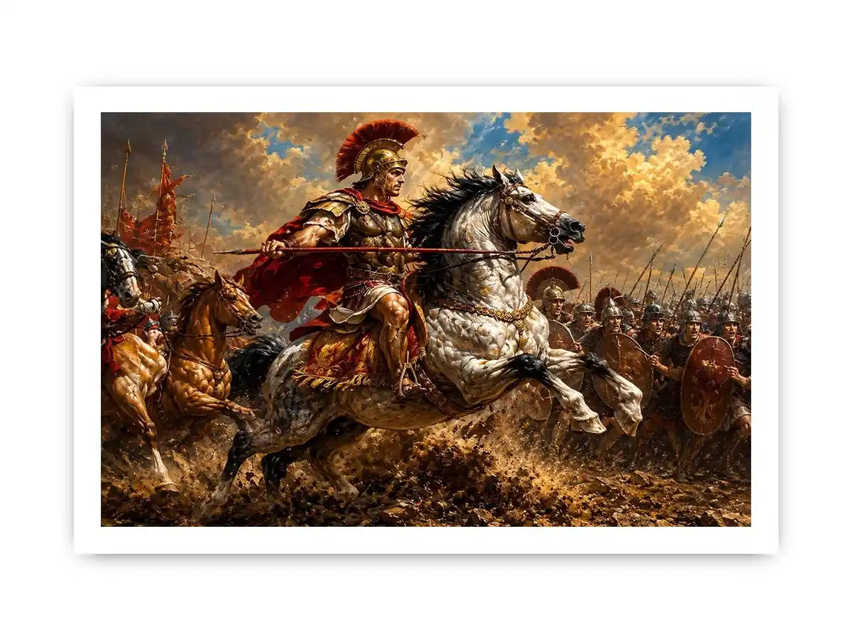 Roman cavalry battle scene in dramatic classical battle painting style for living room decor.