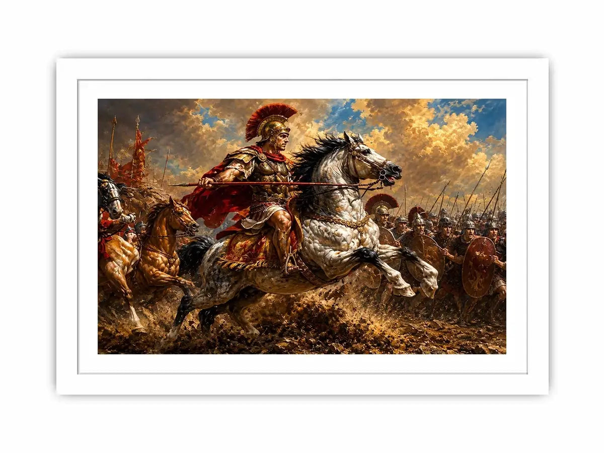 Roman cavalry battle scene in dramatic classical battle painting style for living room decor.