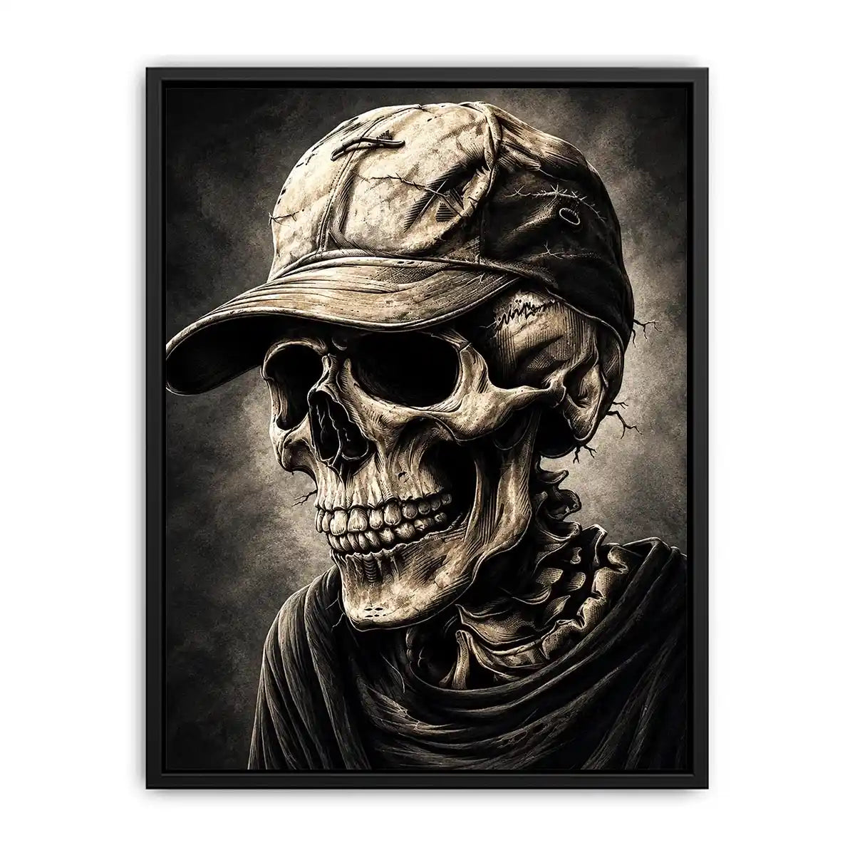 Skull portrait with cap in dark gothic illustration style for mancave decor.