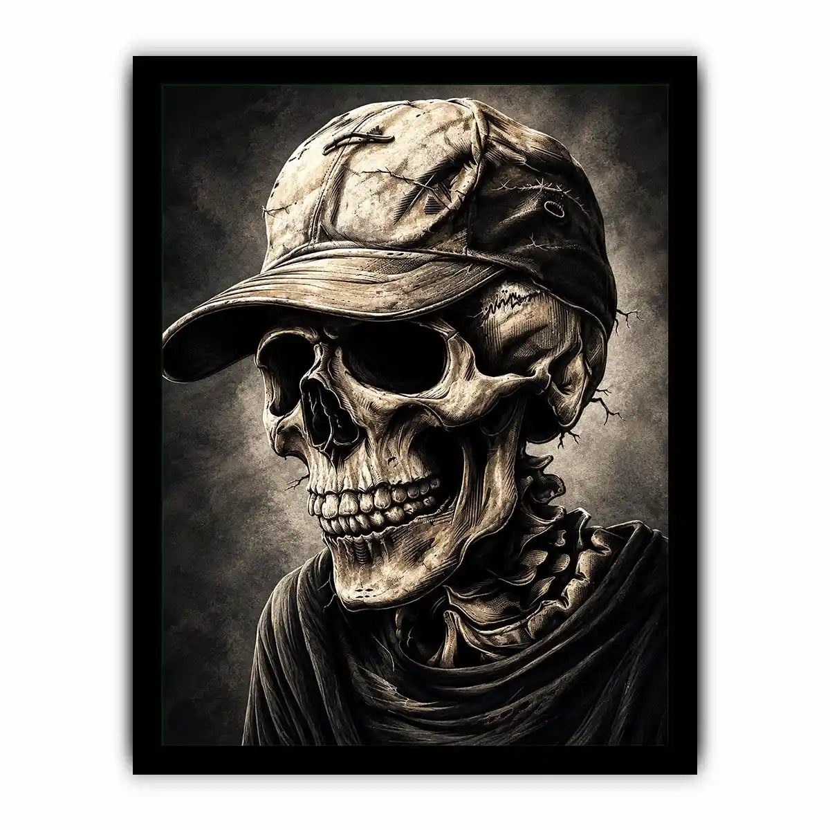 Skull portrait with cap in dark gothic illustration style for mancave decor.