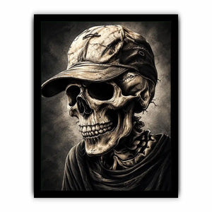 Skull portrait with cap in dark gothic illustration style for mancave decor.