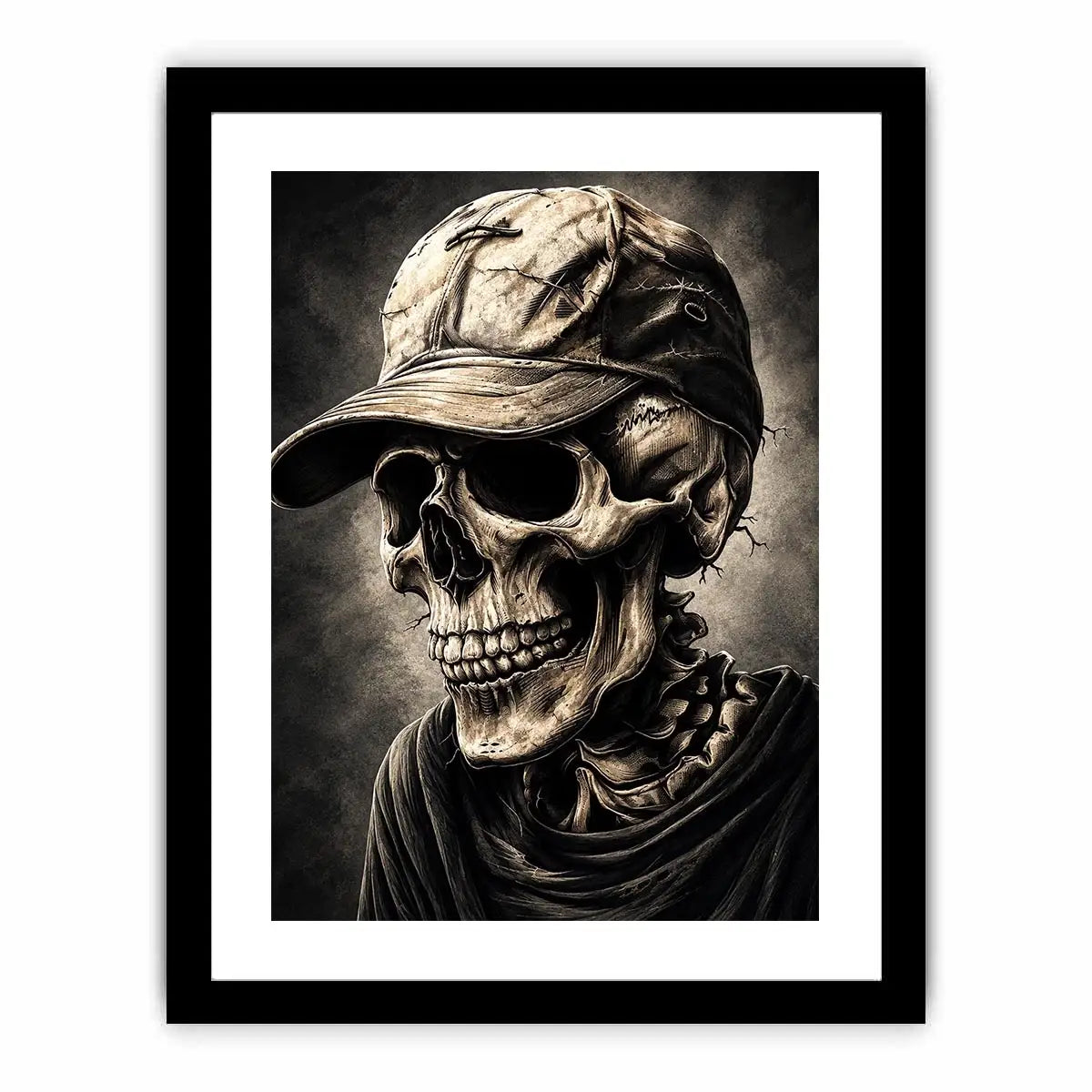 Skull portrait with cap in dark gothic illustration style for mancave decor.