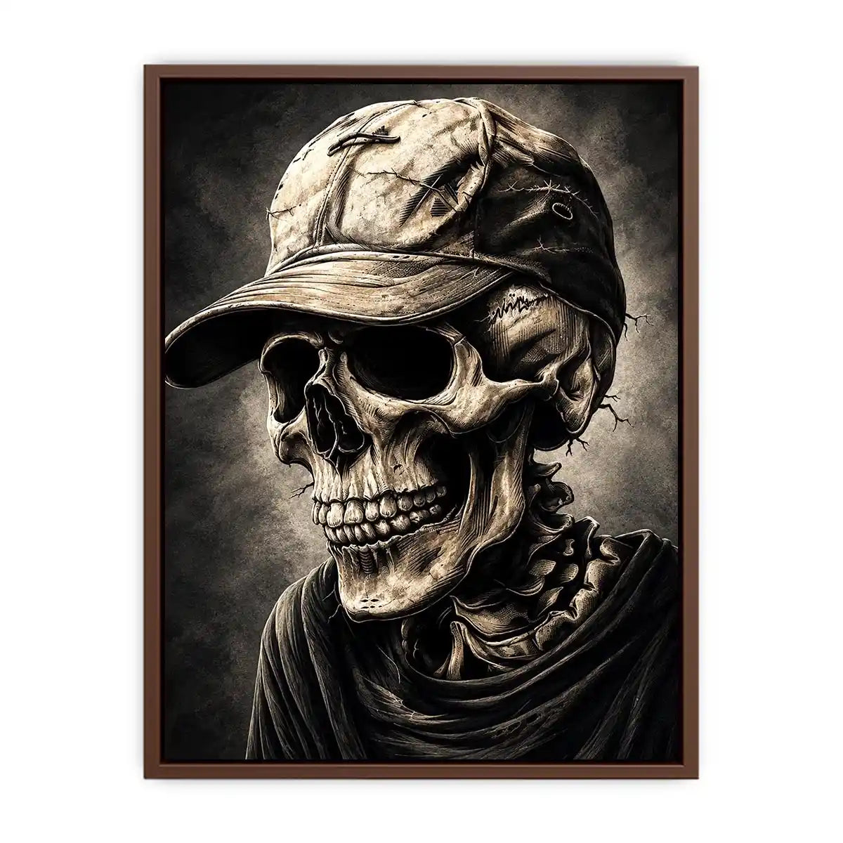 Skull portrait with cap in dark gothic illustration style for mancave decor.