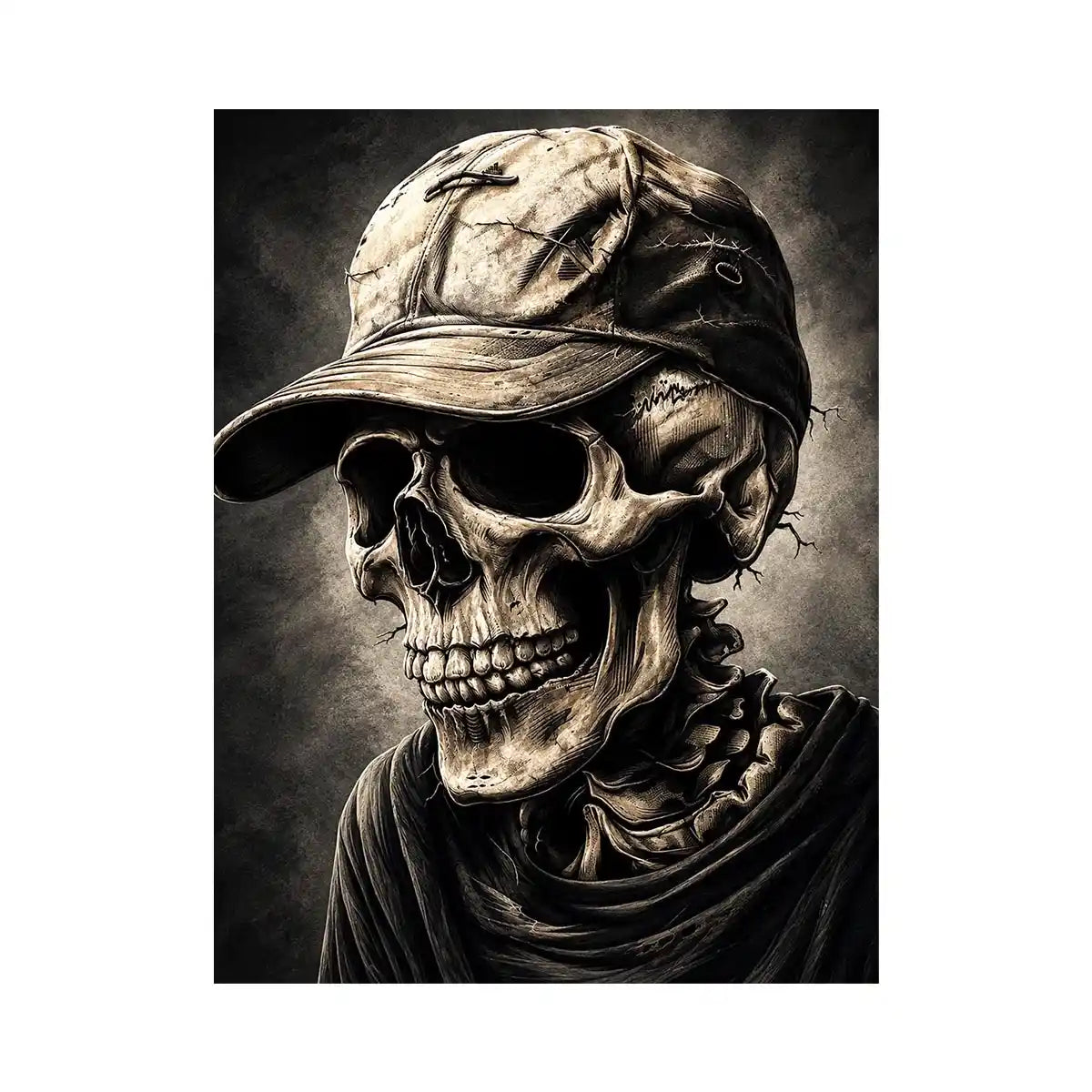 Skull portrait with cap in dark gothic illustration style for mancave decor.