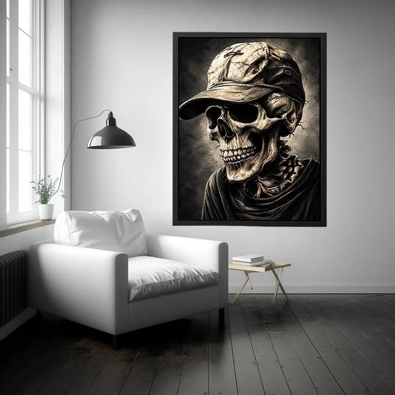 Skull portrait with cap in dark gothic illustration style for mancave decor.