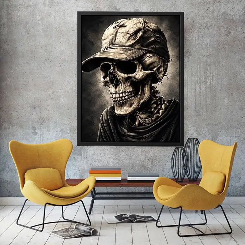 Skull portrait with cap in dark gothic illustration style for mancave decor.