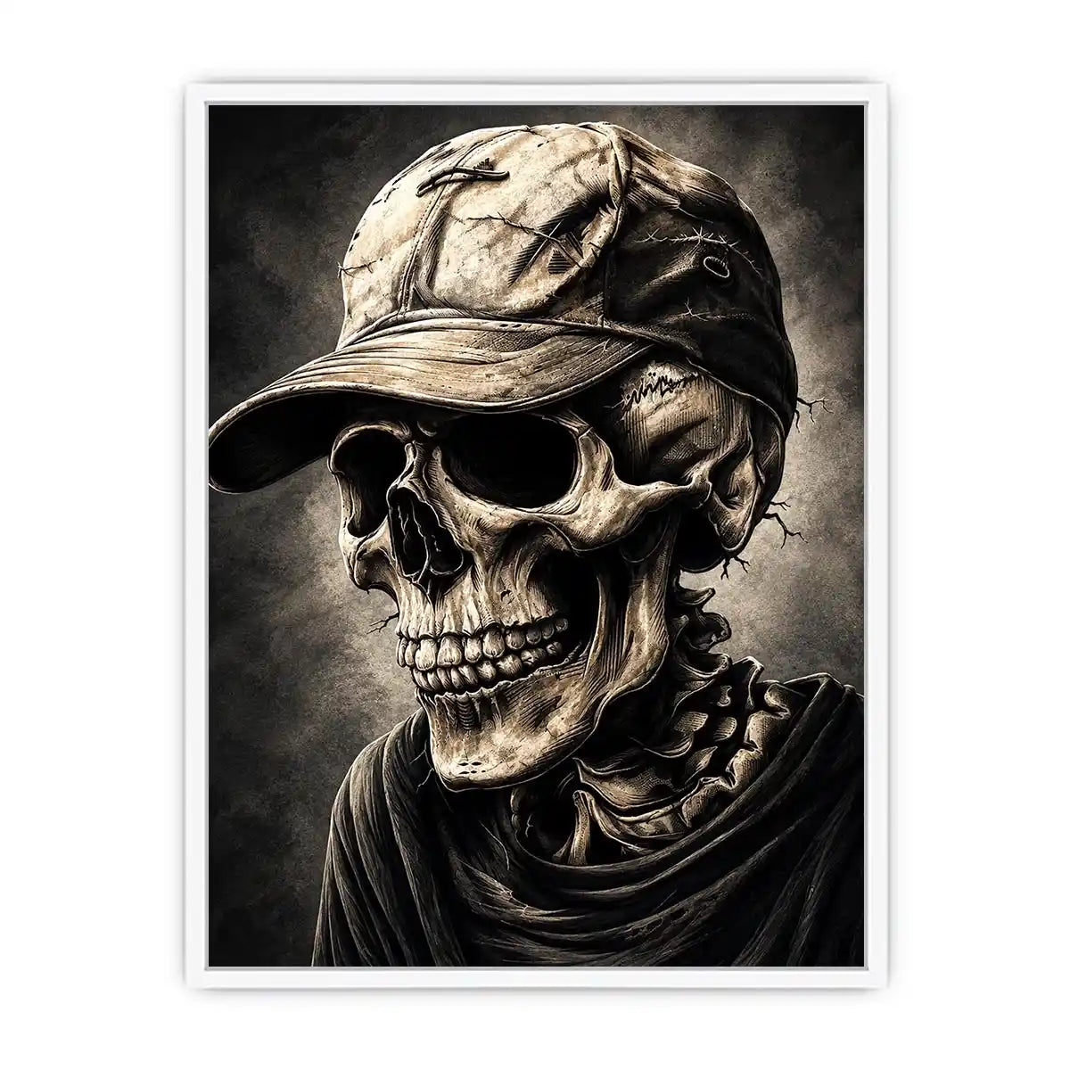 Skull portrait with cap in dark gothic illustration style for mancave decor.