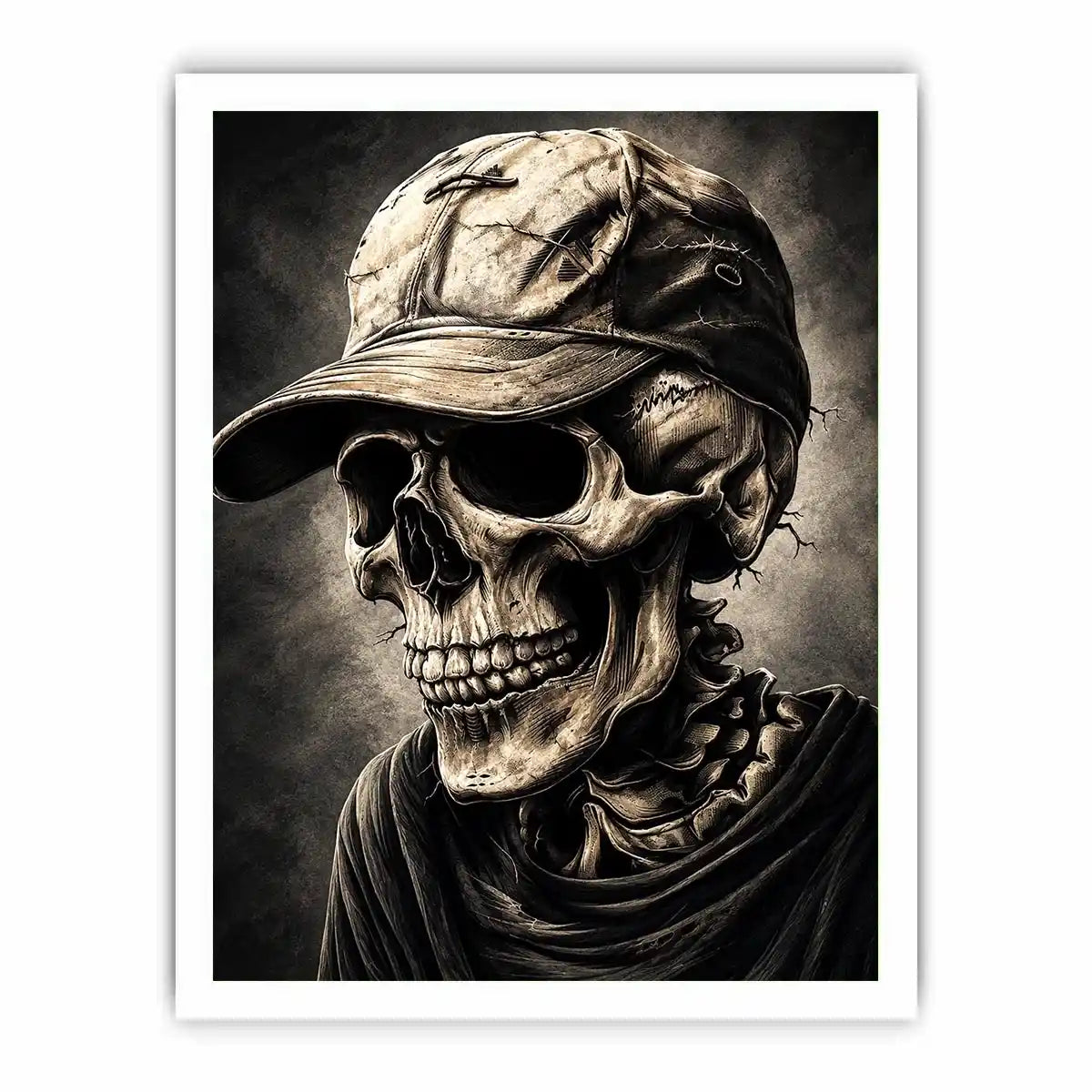 Skull portrait with cap in dark gothic illustration style for mancave decor.