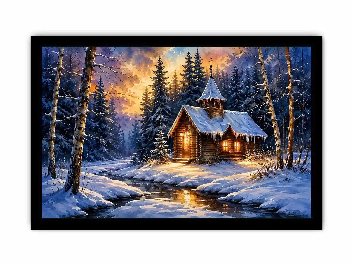 Snowy forest chapel landscape in watercolor winter landscape style for bedroom decor.