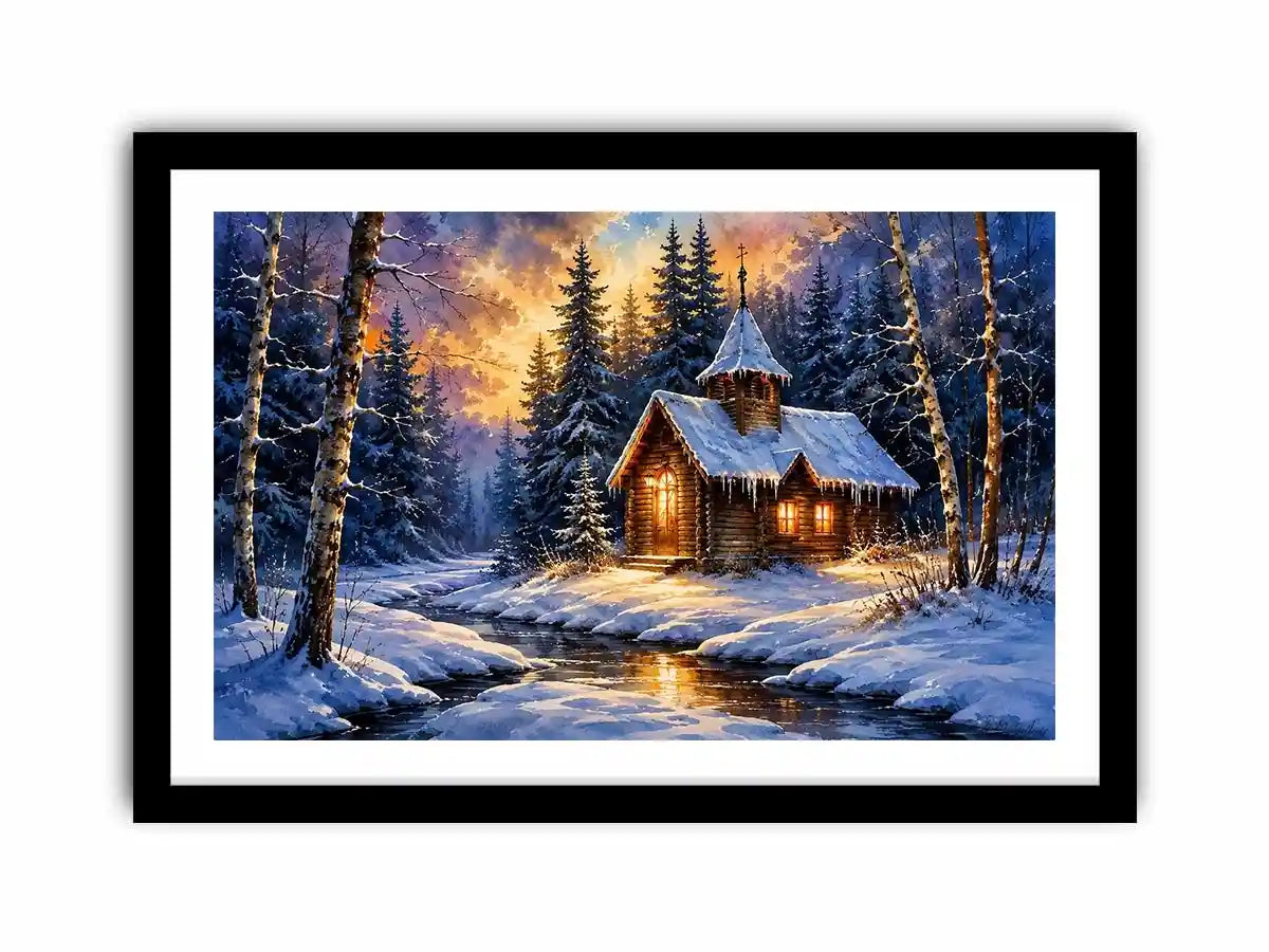 Snowy forest chapel landscape in watercolor winter landscape style for bedroom decor.