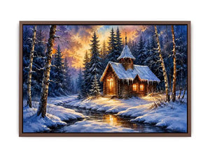 Snowy forest chapel landscape in watercolor winter landscape style for bedroom decor.